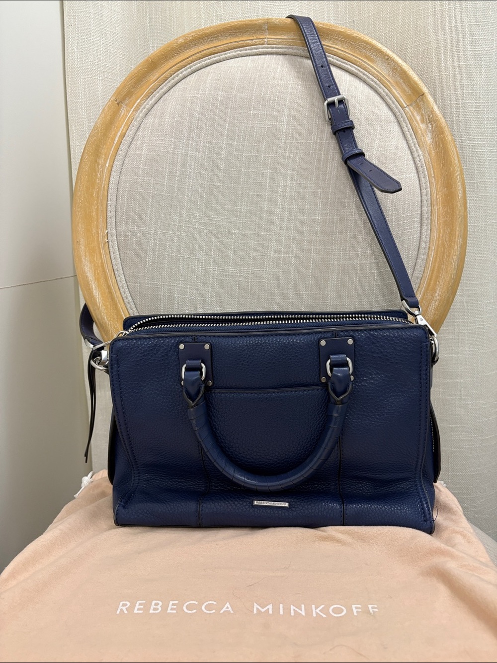 Rebecca Minkoff Navy Pebbled Leather Satchel with Adjustable Strap